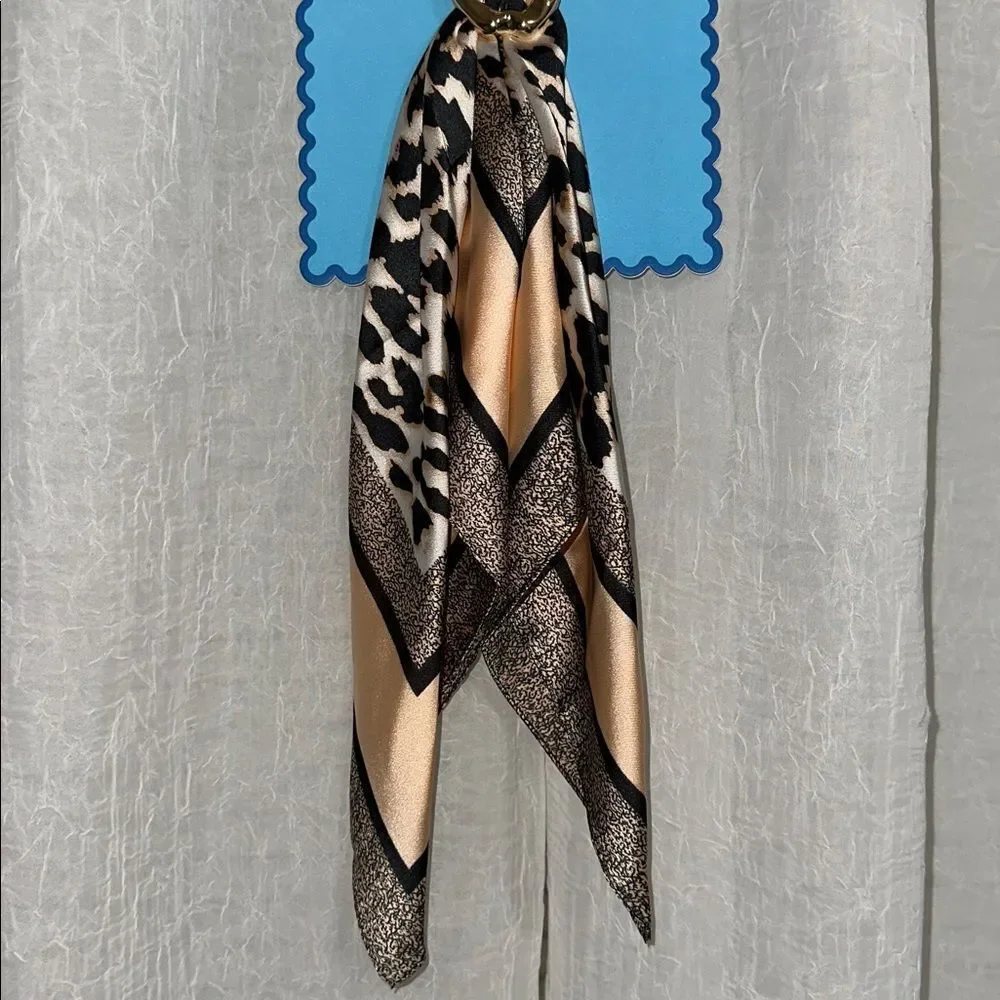 SUNDAY • STATE Ivory Beige Black Animal Leopard Print Hair Neck Scarf & Brooch